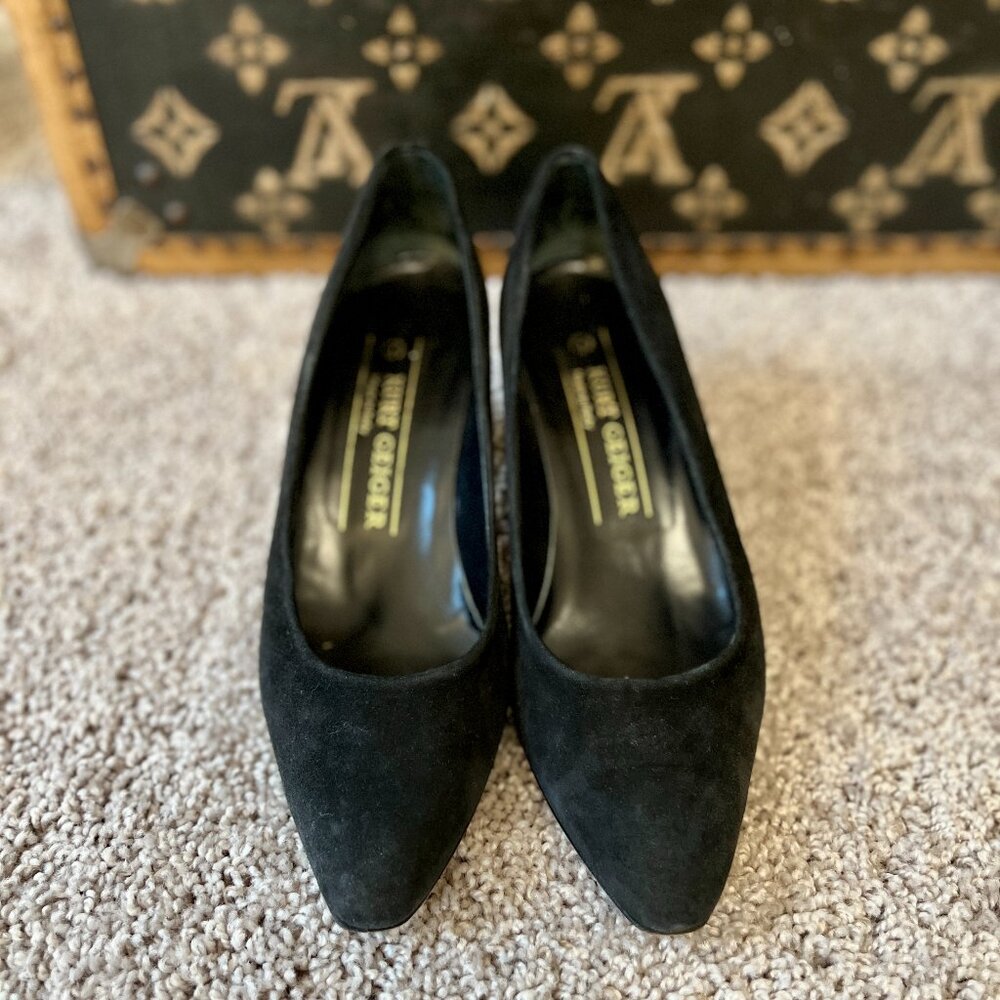 Kurt Keiger Black Suede Almond Toe Kitten Heel Pumps